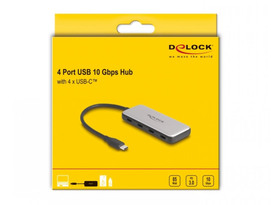 Imagine HUB USB type C 3.2 Gen2 la 4 x USB type C + PD 85W, Delock 64261