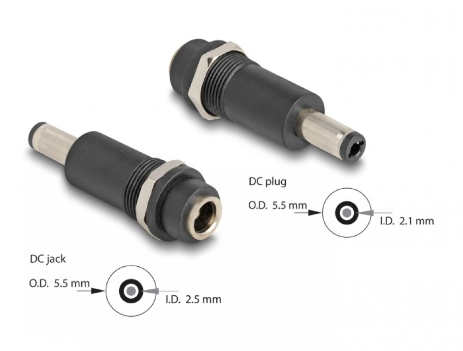 Imagine Adaptor alimentare DC 5.5 x 2.5mm la DC 5.5 x 2.1mm M-T, Delock 64281