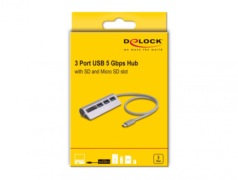 Imagine HUB USB type C 5Gbps la 3 x USB-A + cititor SD/Micro SD Argintiu, Delock 64292