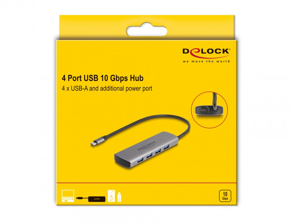 Imagine HUB USB 10 Gbps type C la 4 x USB-A, Delock 64293