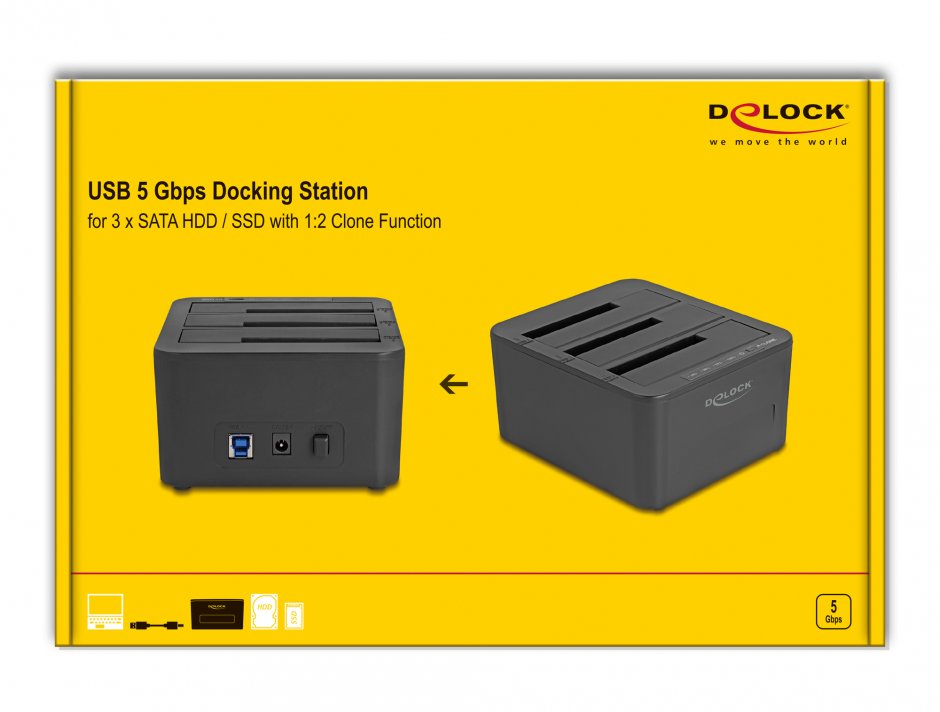 Imagine Docking station 3 x SATA HDD/SSD cu 1:2 cu functie de Clona, Delock 64332