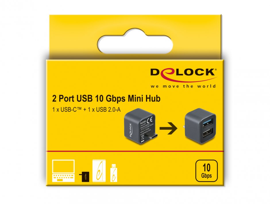 Imagine Mini HUB USB type C la 1 x USB-A 10 Gbps + 1 x USB 2.0-A, Delock 64359