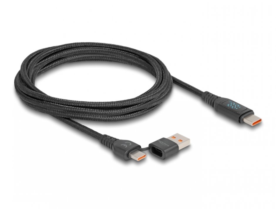Imagine Cablu Fast charging USB 2.0 type C + adaptor USB-A la USB type C 140W cu indicator LED 1.2m, Delock 88137