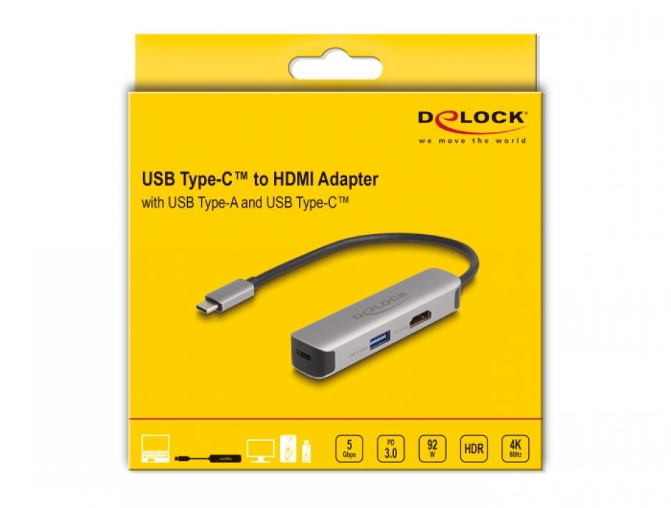 Imagine Adaptor USB type C la HDMI 4K60Hz + USB-A + USB-C 92W, Delock 61060