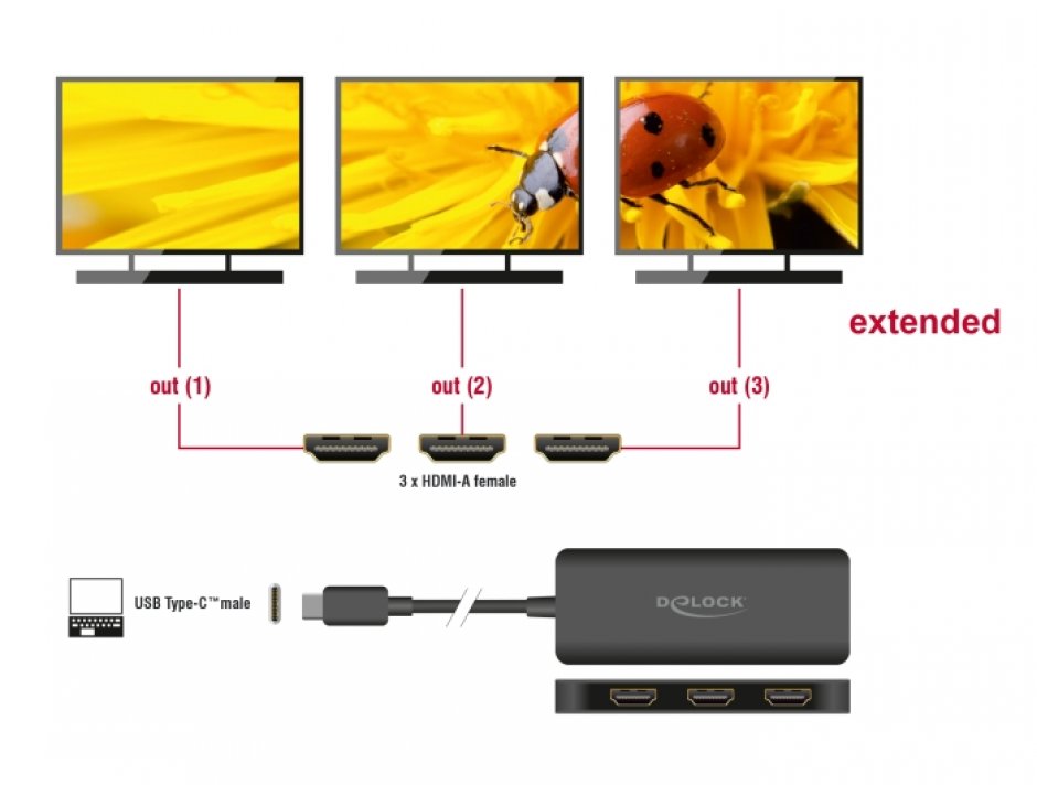 Imagine Multiplicator USB type C (DP Alt Mode) la 3 x HDMI MST 4K60Hz, Delock 88040