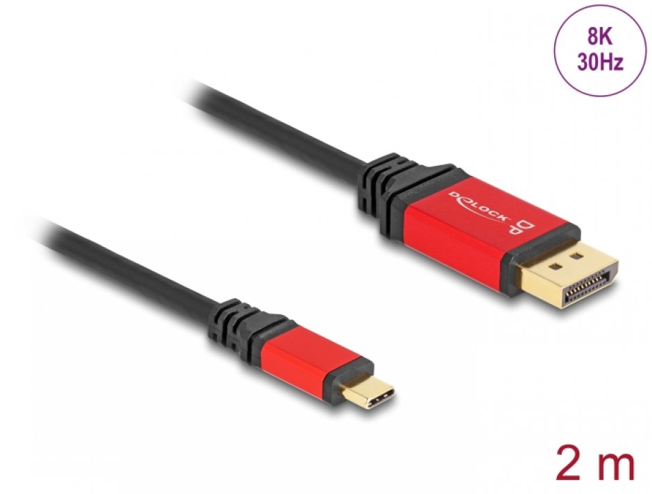 Imagine Cablu USB type C la Displayport (DP Alt Mode) 8K30Hz/4K144Hz T-T HDR 2m, Delock 80093