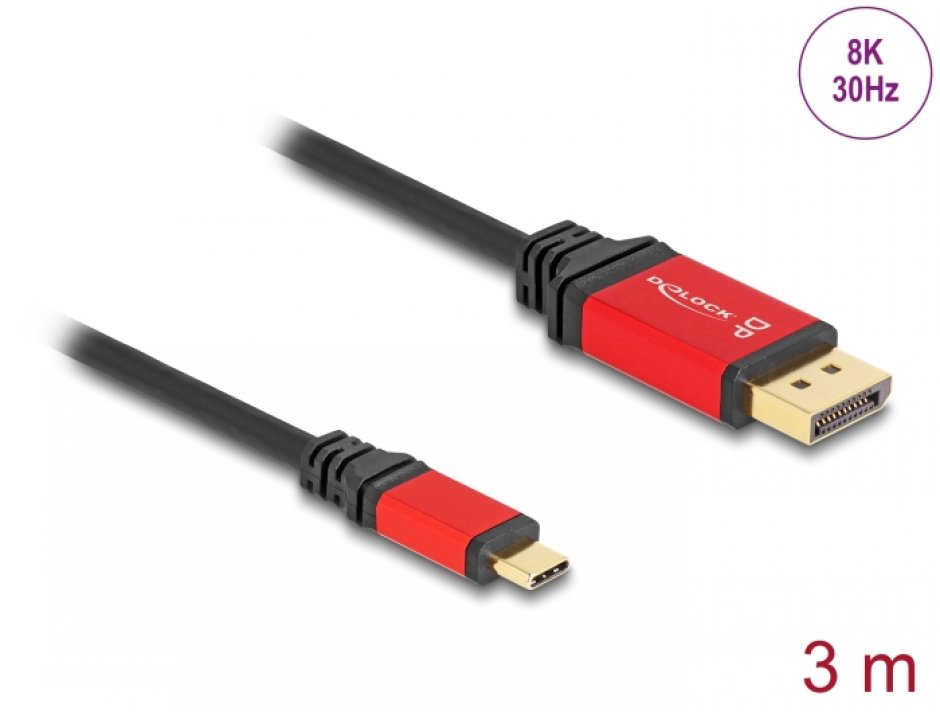 Imagine Cablu USB type C la Displayport (DP Alt Mode) 8K30Hz/4K144Hz T-T HDR 3m, Delock 80094
