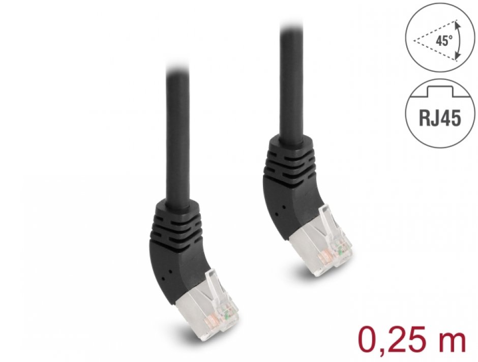 Imagine Cablu de retea RJ45 Cat.6A S/FTP unghi sus/sus 45 grade 0.25m Negru, Delock 80259