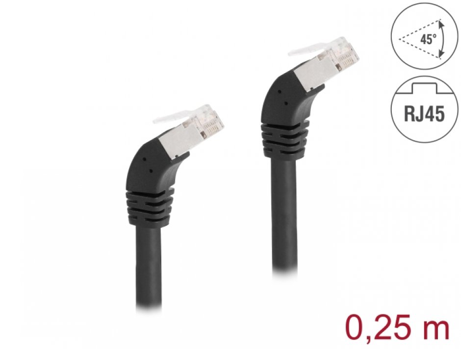 Imagine Cablu de retea RJ45 Cat.6A S/FTP unghi jos/jos 45 grade 0.25m Negru, Delock 80273