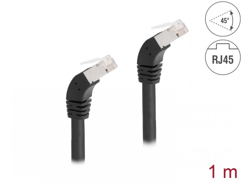 Imagine Cablu de retea RJ45 Cat.6A S/FTP unghi jos/jos 45 grade 1m Negru, Delock 80275