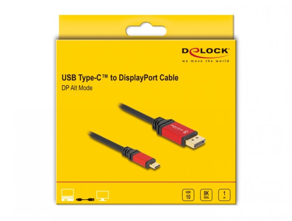 Imagine Cablu USB type C la Displayport (DP Alt Mode) 8K30Hz/4K144Hz T-T HDR 1m, Delock 80092