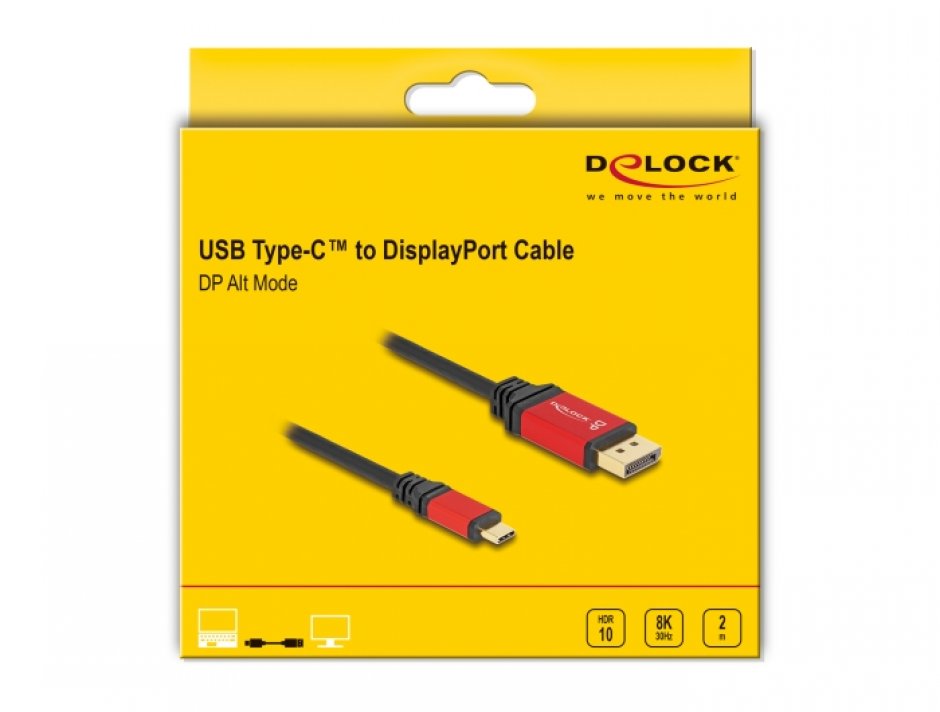 Imagine Cablu USB type C la Displayport (DP Alt Mode) 8K30Hz/4K144Hz T-T HDR 2m, Delock 80093