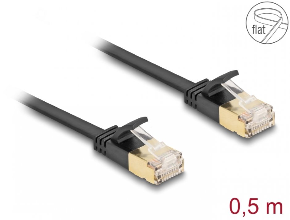 Imagine Cablu de retea RJ45 Cat.6A cu cablu Cat.7 Flat FTP 0.5m Negru, Delock 80344