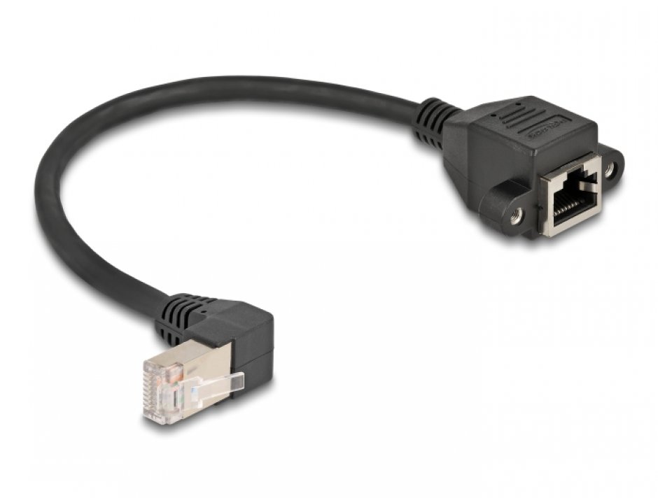 Imagine Cablu prelungitor de retea RJ45 cat.6A S/FTP drept/unghi 0.25m Negru, Delock 80309