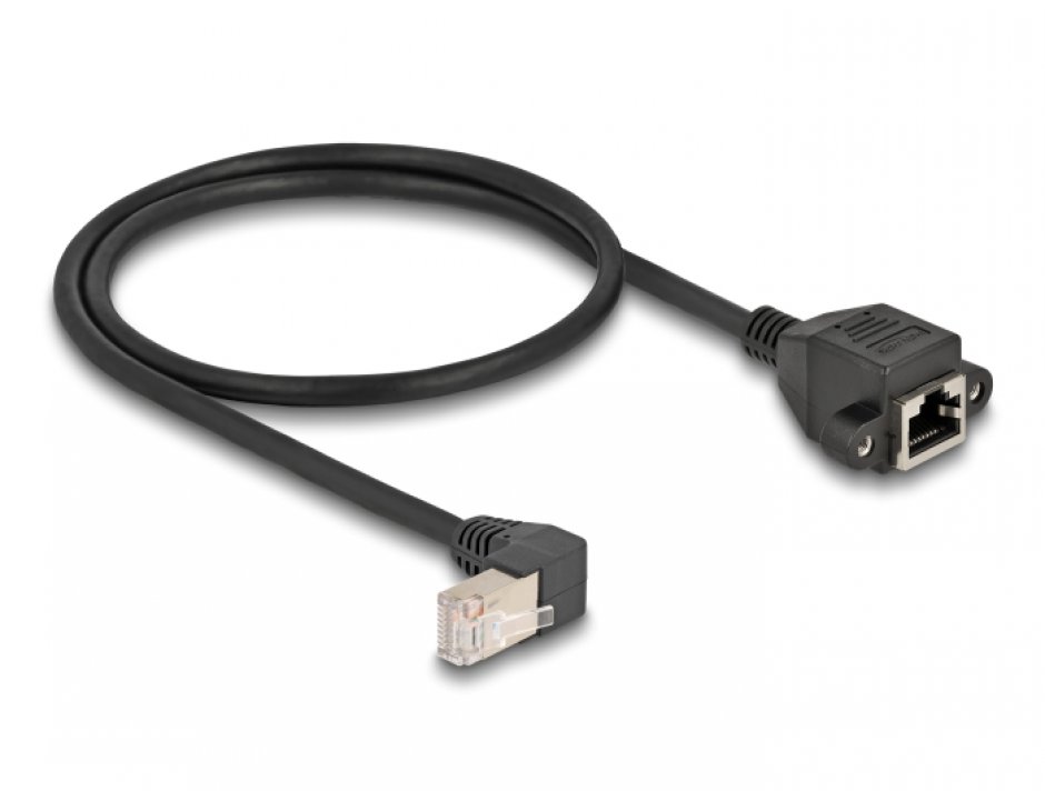 Imagine Cablu prelungitor de retea RJ45 cat.6A S/FTP drept/unghi 0.5m Negru, Delock 80310