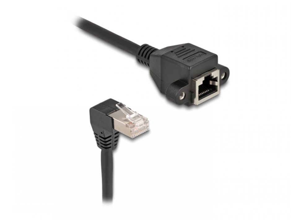 Imagine Cablu prelungitor de retea RJ45 cat.6A S/FTP drept/unghi 0.5m Negru, Delock 80310