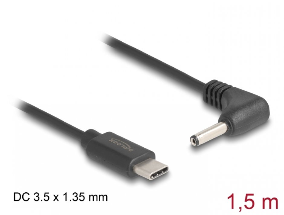 Imagine Cablu de alimentare USB type C la DC 3.5 x 1.35mm unghi T-T 1.5m, Delock 85393