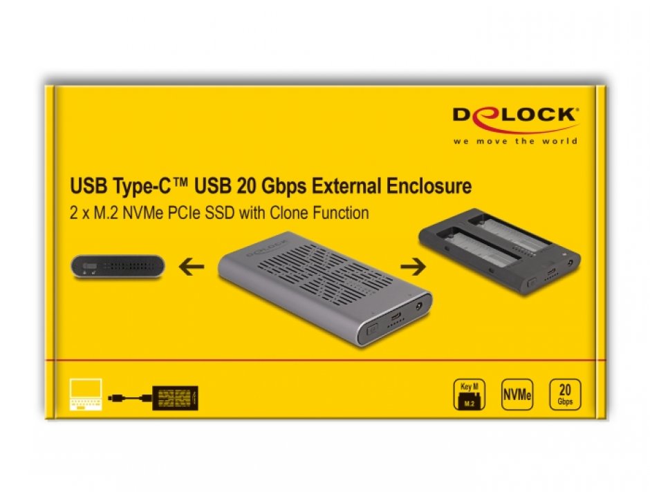 Imagine Rack extern USB type C la 2 x M.2 NVMe PCIe SSD cu functie Clona, Delock 42027