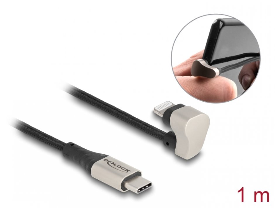 Imagine Cablu USB 2.0 type C la iPhone Lightning MFI drept/unghi 180 grade 1m, Delock 80025