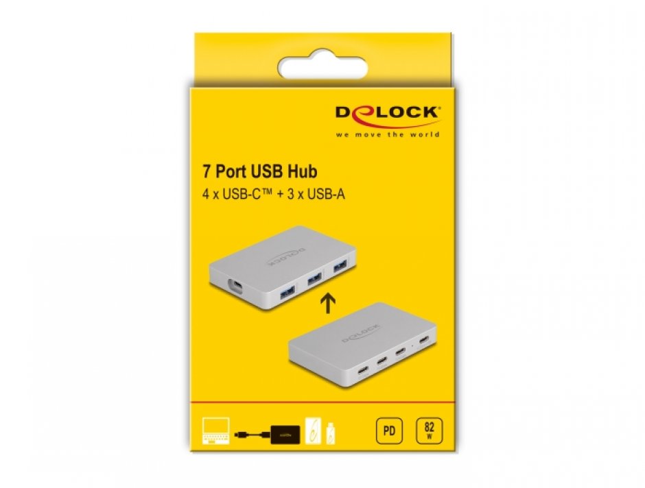 Imagine HUB USB 3.2 type C cu 4 x USB-C + 3 x USB-A PD 82W, Delock 64279