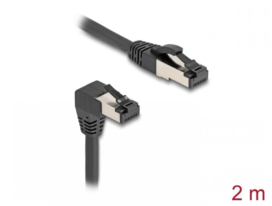Imagine Cablu de retea RJ45 Cat.8.1 S/FTP drept/unghi 90 grade jos 2m Negru, Delock 80446