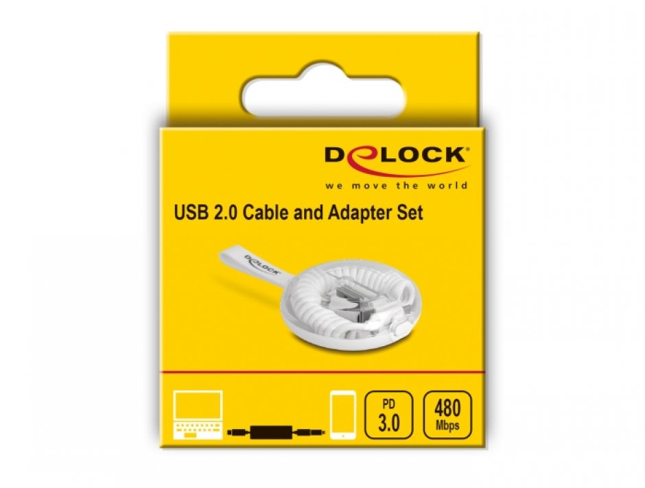 Imagine Set 5 in 1 cablu USB 2.0 type C spiralat 60W T-T + adaptoare 0.25m Alb, Delock 66612