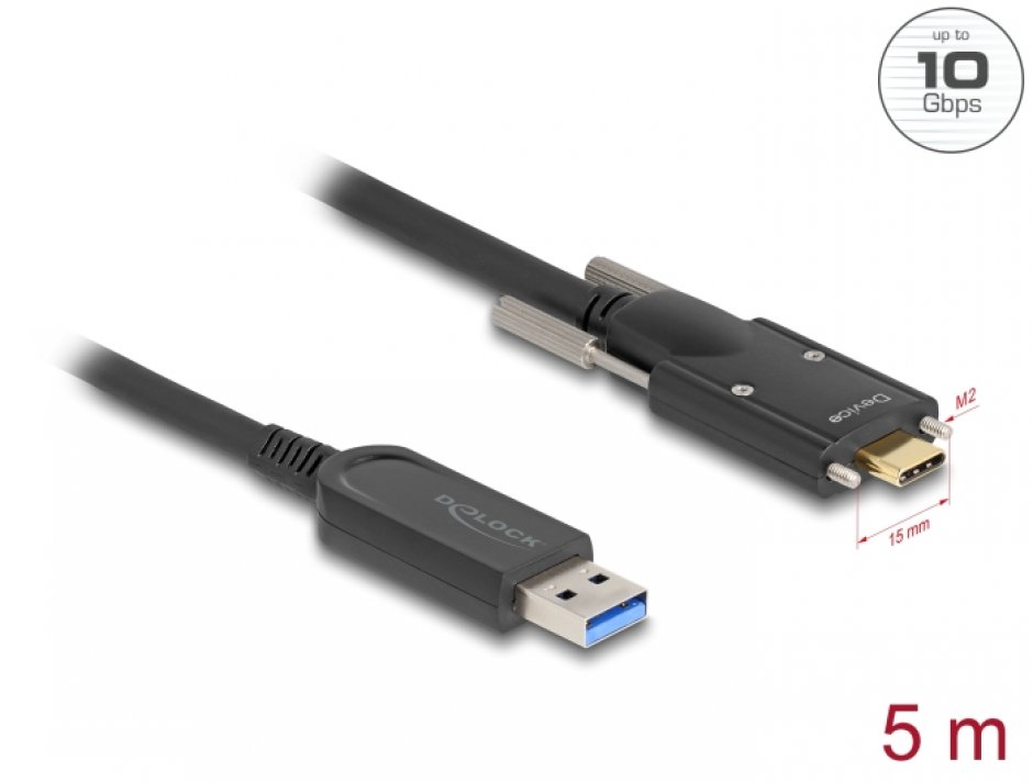 Imagine Cablu activ optic USB 3.2 Gen1-A la USB type C cu suruburi T-T 5m, Delock 83200