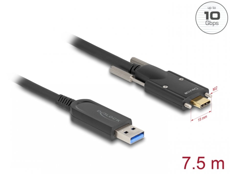 Imagine Cablu activ optic USB 3.2 Gen1-A la USB type C cu suruburi T-T 7.5m, Delock 83201