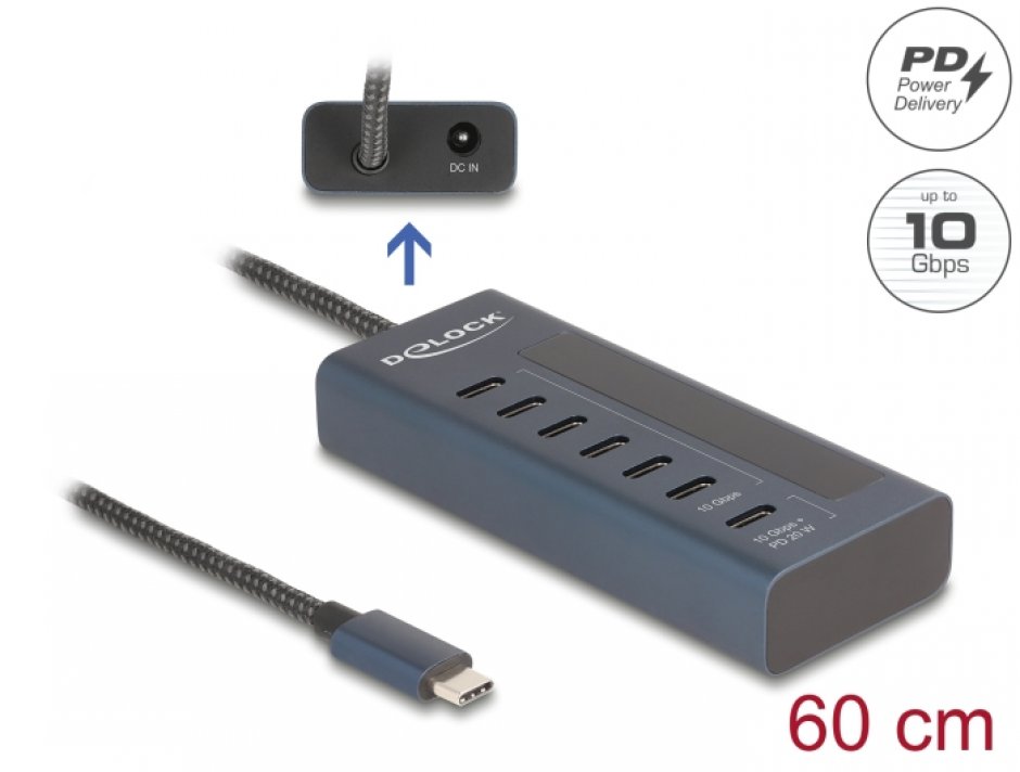 Imagine HUB USB 3.2 Gen2 type C la 6 x USB type C + 1 x USB type C PD 20W 0.6m, Delock 64288