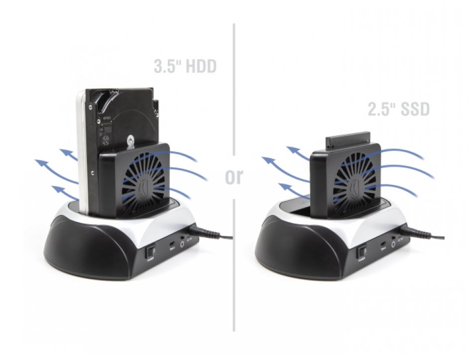 Imagine Docking station USB type C pentru HDD/SSD SATA 2.5"+3.5" sau M.2 NVMe PCIe + SATA cu ventilator, Delock 64280