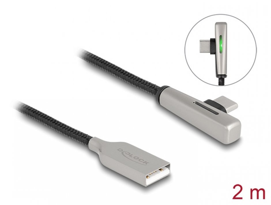 Imagine Cablu USB 2.0-A la USB type C T-T Fast Charging 60W cu LED 2m brodat Negru, Delock 80767