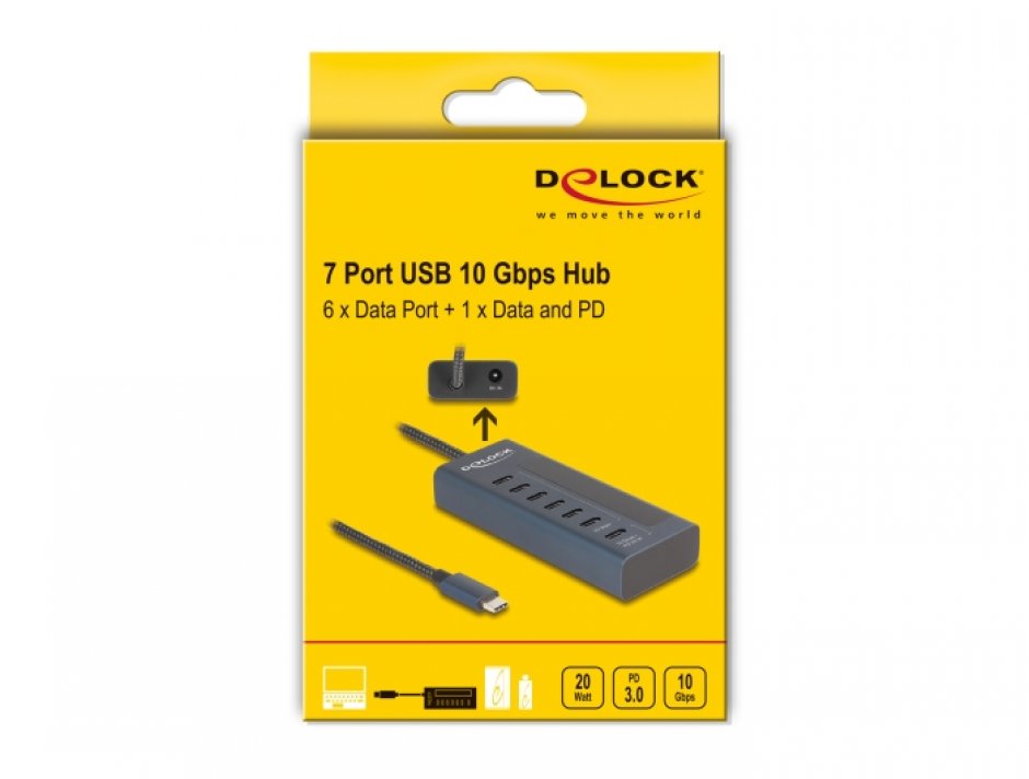 Imagine HUB USB 3.2 Gen2 type C la 6 x USB type C + 1 x USB type C PD 20W 0.6m, Delock 64288