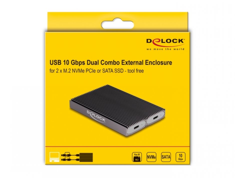 Imagine Rack extern Dual Combo USB type C la 2 x M.2 NVMe PCIe/SATA SSD - tool free, Delock 42028