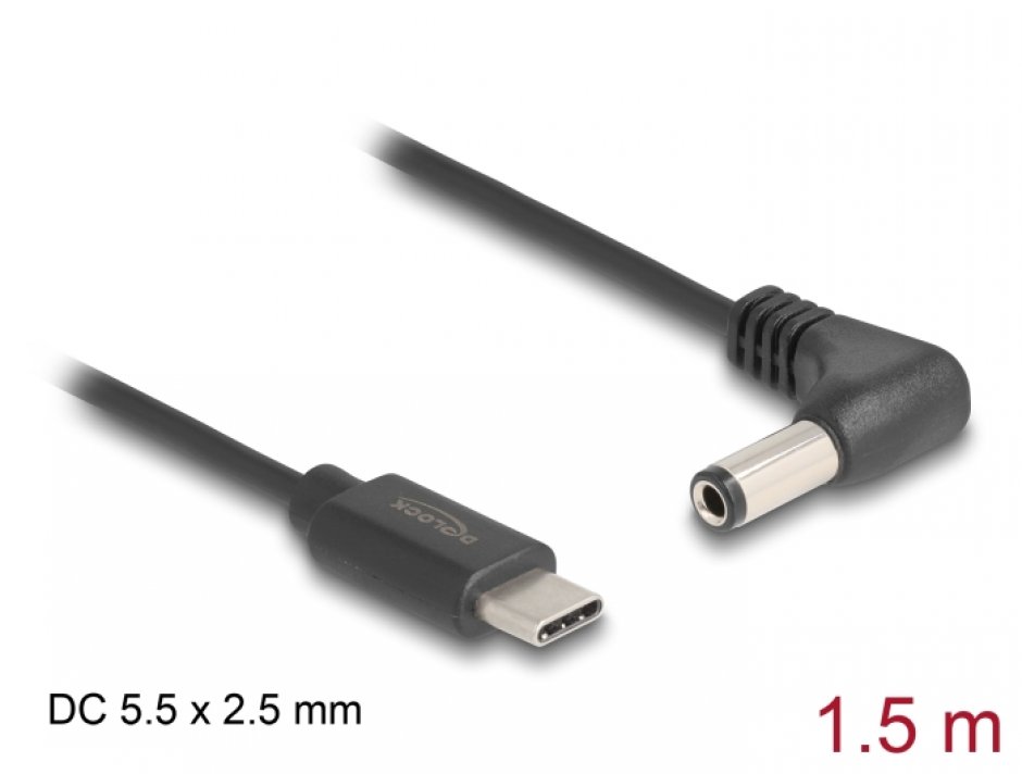 Imagine Cablu de alimentare USB type C la DC 5.5 x 2.5mm unghi T-T 1.5m, Delock 85399