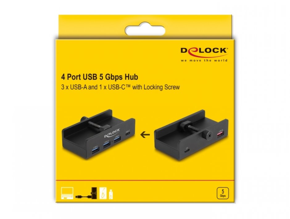 Imagine HUB USB-A 5Gbps la 3 x USB-A/1 x USB Type C montare monitor Negru, Delock 64284