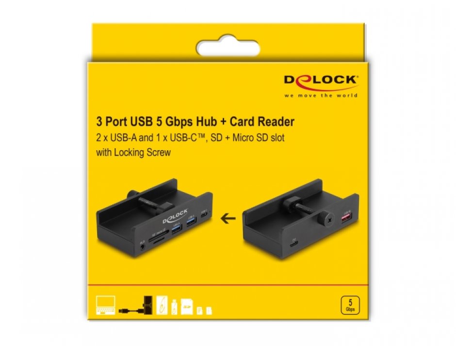 Imagine HUB USB-A 5Gbps la 2 x USB-A/1 x USB Type C/SD+MicroSD/jack stereo montare monitor Negru, Delock 64285