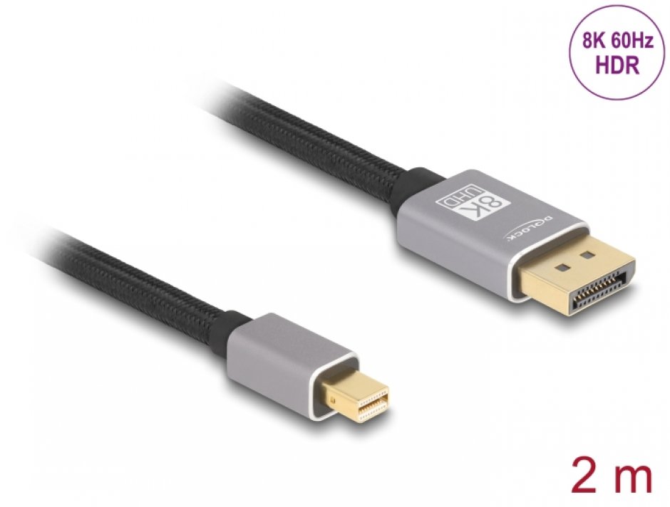 Imagine Cablu mini Displayport la Displayport 8K60Hz/4K240Hz 2m Negru/Argintiu, Delock 81092