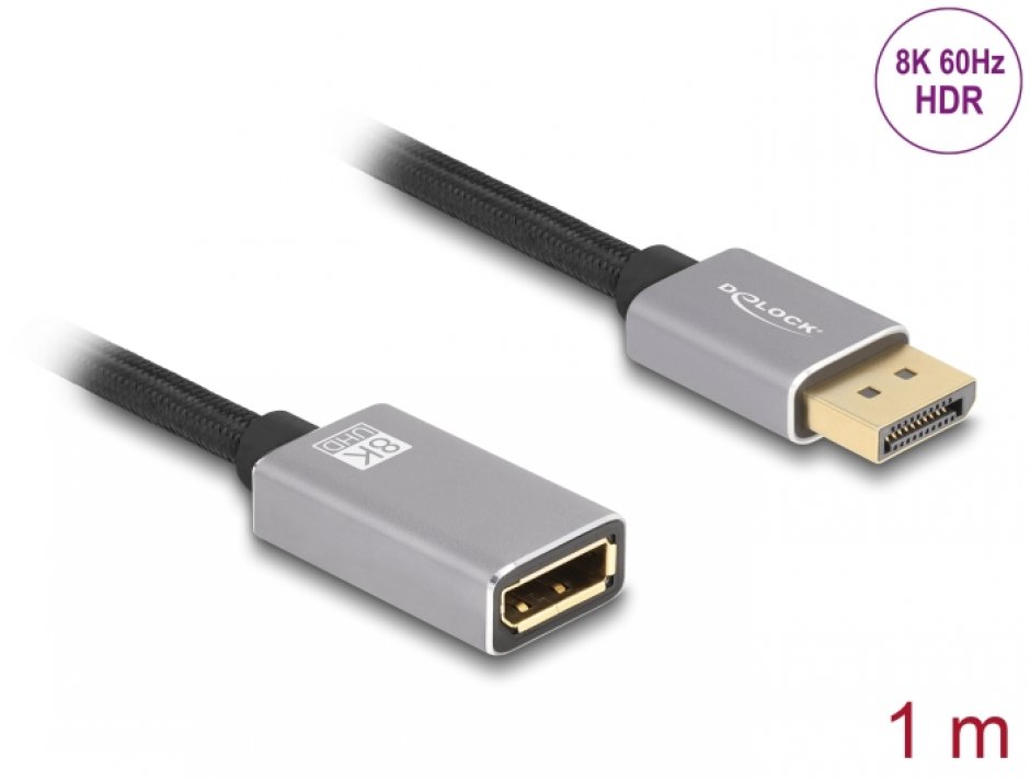 Imagine Cablu prelungitor Displayport 8K60Hz/4K240Hz T-M 1m Negru/Argintiu, Delock 81079