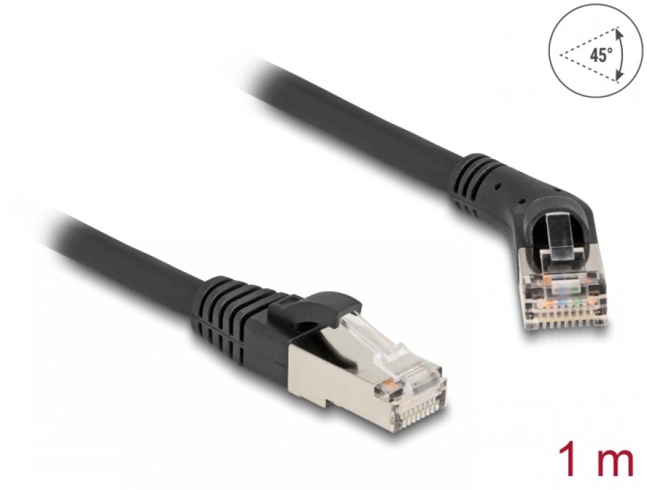 Imagine Cablu de retea RJ45 6A S/FTP drept/unghi 45 grade dreapta 1m Negru, Delock 80489