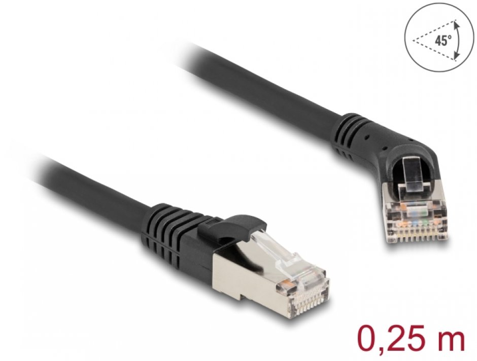 Imagine Cablu de retea RJ45 6A S/FTP drept/unghi 45 grade dreapta 0.25m Negru, Delock 80487