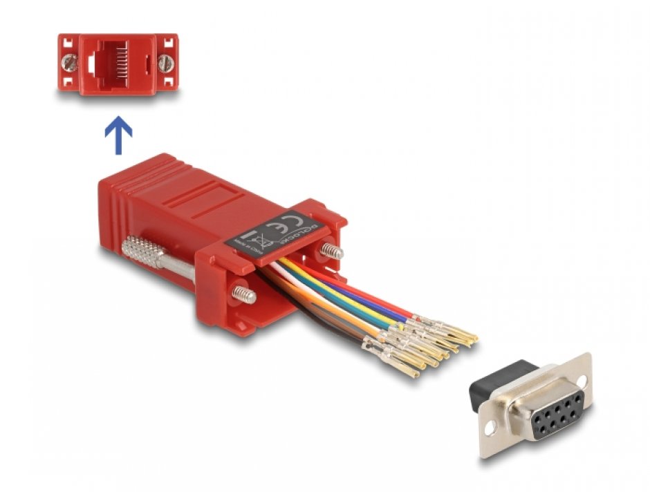 Imagine Adaptor Assembly Kit D-Sub 9 pini la RJ45 M-M Rosu, Delock 67106