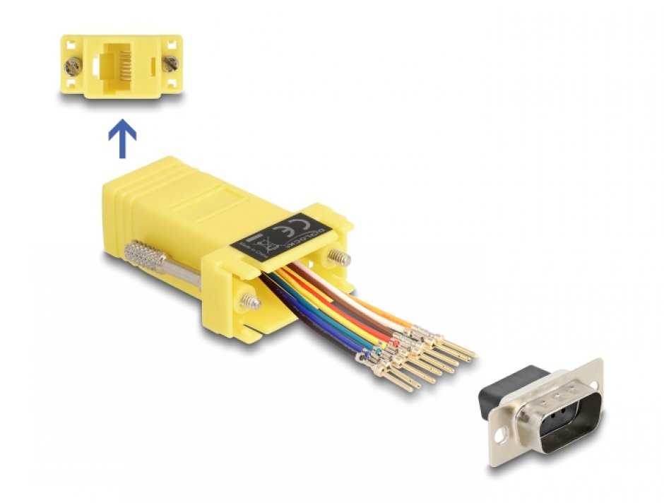 Imagine Adaptor Assembly Kit D-Sub 9 pini la RJ45 T-M Galben, Delock 67104