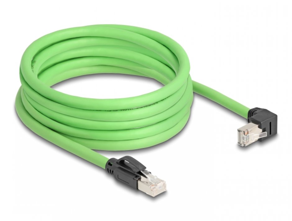 Imagine Cablu de retea RJ45 Cat.6A SFTP drept/unghi jos TPU 5m Verde pentru medii industriale, Delock 80897