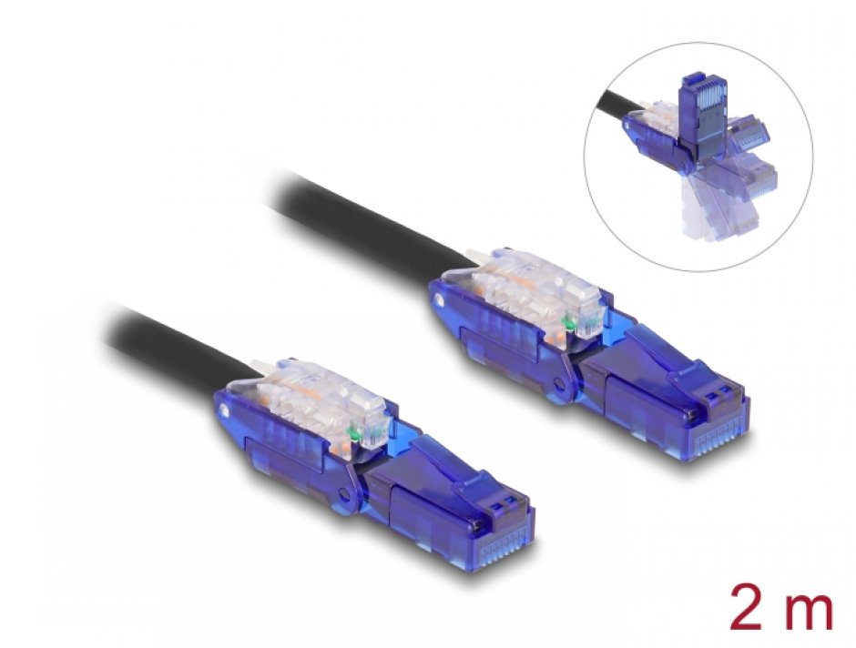 Imagine Cablu de retea RJ45 Cat.6 UTP conectori in unghi 180 grade 2m Negru, Delock 80927