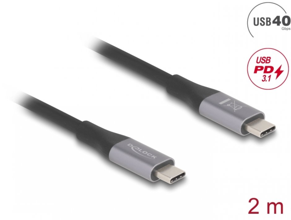 Imagine Cablu USB type C 40Gbps/8K60Hz/240W E-Marker T-T brodat 2m, Delock 81192