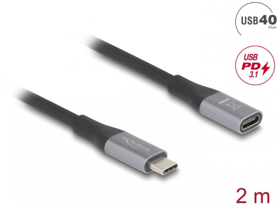 Imagine Cablu prelungitor USB type C 40Gbps/8K60Hz/240W T-M 2m, Delock 81202