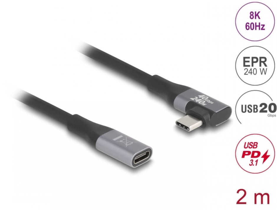 Imagine Cablu prelungitor USB 20 Gbps/4K60Hz PD 3.1 Extended Power Range 240W drept/unghi 90 grade 2m, Delock 81148