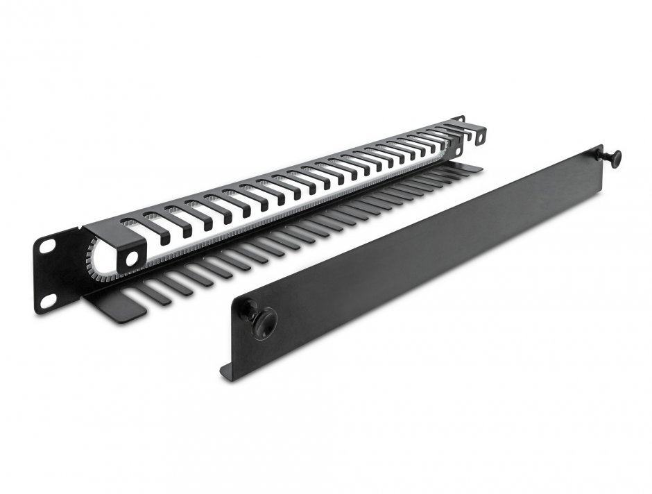 Imagine Panou 19" 1U cu organizare cabluri si protectie la margine Negru, Delock 67277