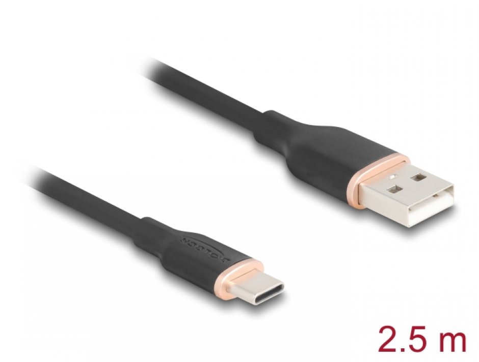 Imagine Cablu USB-A 2.0 la USB type C T-T 2.5m silicon Negru, Delock 81227