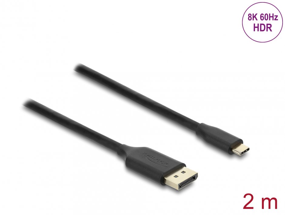 Imagine Cablu USB Type C la DisplayPort (DP Alt Mode) 8K60Hz cu HDR T-T 2m Negru, Delock 80165